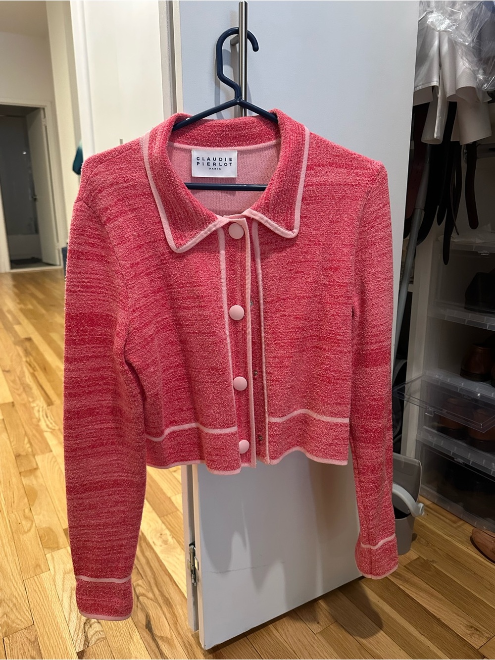Claudie Pierlot Pink Bouclé Cropped Jacket with Contrast Trim